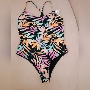 Roxy Black One-Piece Swimsuit with Tropical Print